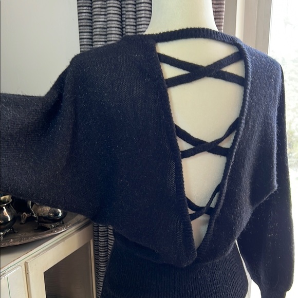 Women's Black Dolman Sleeve Crisscross Back Sweater True 80s Vintage - Picture 3 of 4